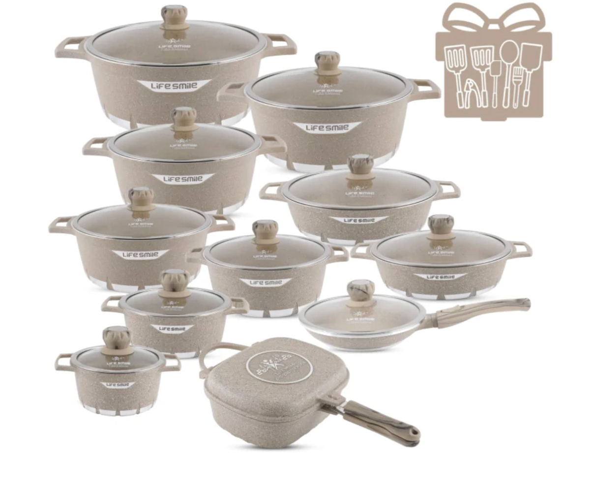 LIFE SMILE 29-Piece Cookware Set | Granite Stone Non-Stick Pots & Pans | طقم أواني الطبخ 29 قطعة جرانيت