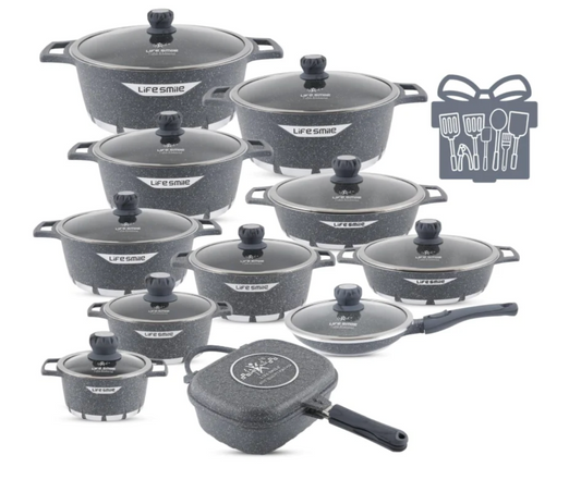 LIFE SMILE 29-Piece Cookware Set | Granite Stone Non-Stick Pots & Pans | طقم أواني الطبخ 29 قطعة جرانيت