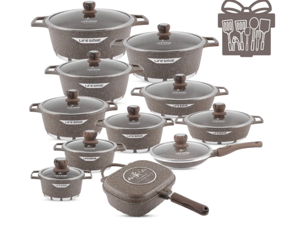 LIFE SMILE 29-Piece Cookware Set | Granite Stone Non-Stick Pots & Pans | طقم أواني الطبخ 29 قطعة جرانيت