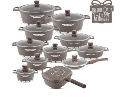 LIFE SMILE 29-Piece Cookware Set | Granite Stone Non-Stick Pots & Pans | طقم أواني الطبخ 29 قطعة جرانيت