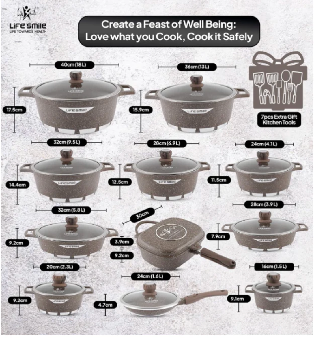 LIFE SMILE 29-Piece Cookware Set | Granite Stone Non-Stick Pots & Pans | طقم أواني الطبخ 29 قطعة جرانيت